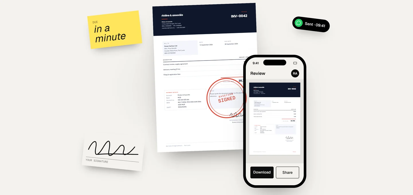 Baseform: a signed invoice on a letterhead beside the phone that made it