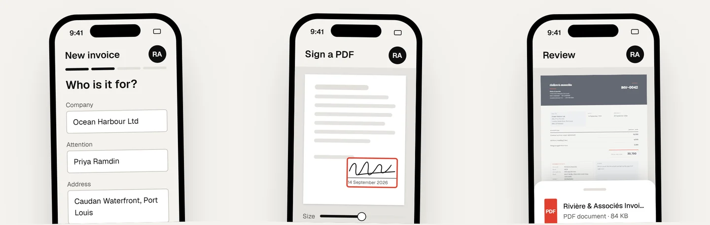 Three Baseform phone screens: filling in a new invoice, signing a PDF, and reviewing the finished document before sending