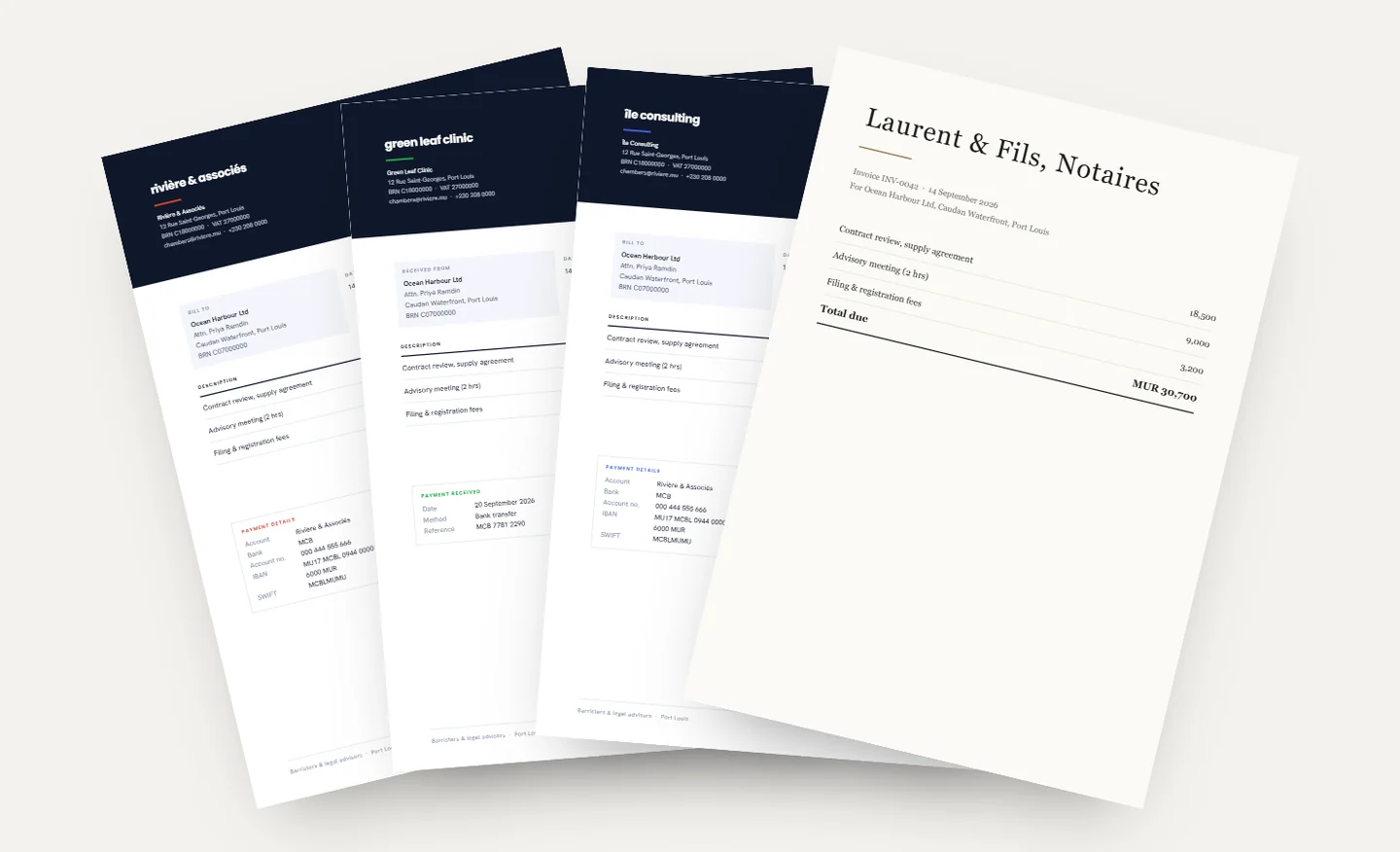 Four Baseform letterhead variants side by side, in different colours and layouts