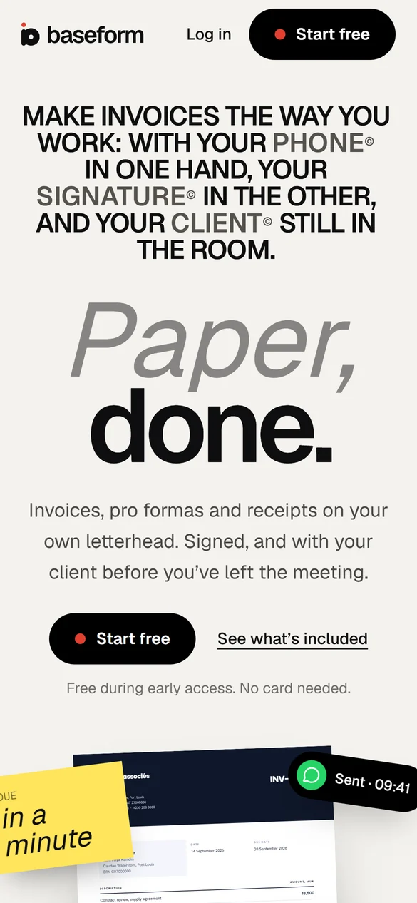 Baseform open on a phone, at the size it is actually used