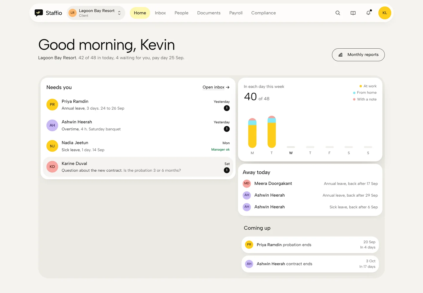 Staffio: a client's HR home screen with requests, people away and the week ahead