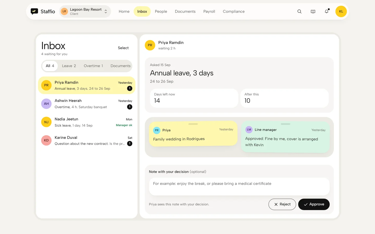 Inbox with an annual leave request open, days left before and after, notes pinned by the employee and the line manager, and Approve or Reject with an optional note
