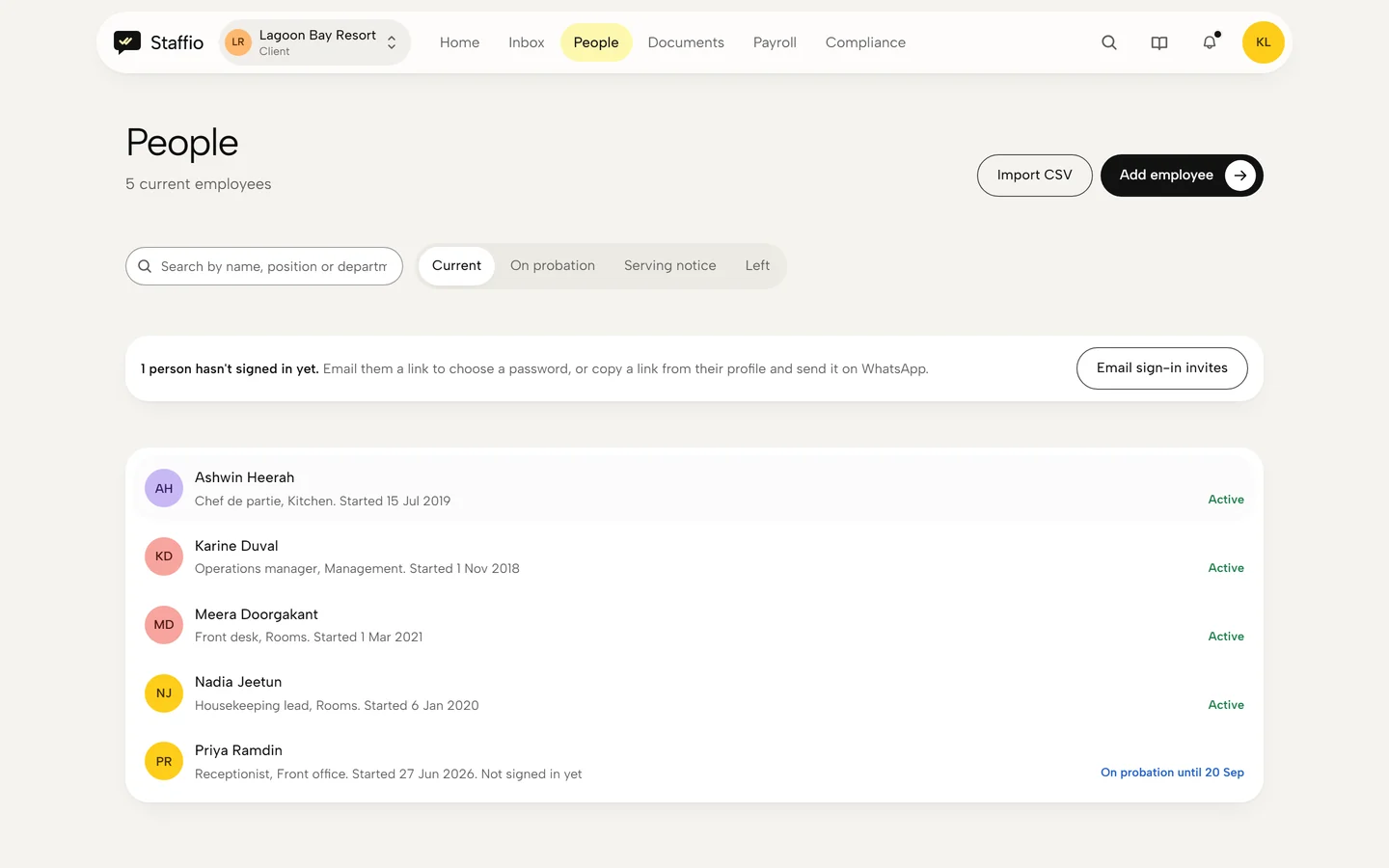 People list with each employee's position, start date, status and who has not signed in yet