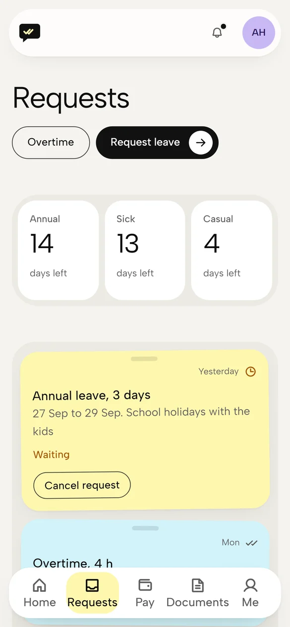 Employee's phone showing leave balances and their requests with approved, rejected and waiting notes