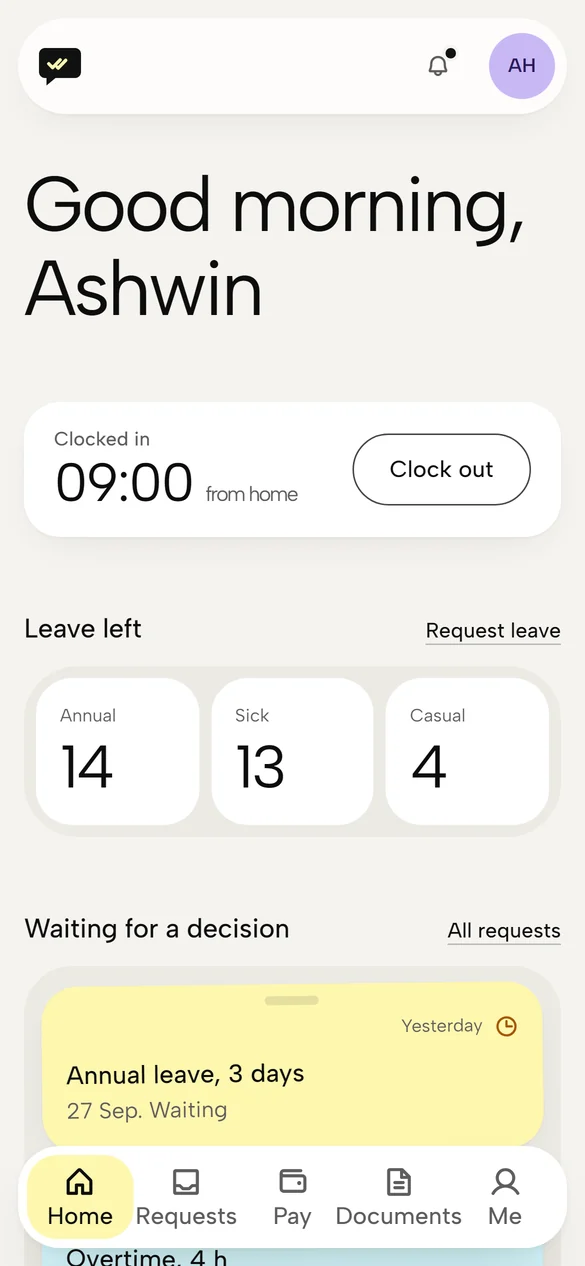 Employee's phone home screen with clock in, leave left and requests waiting for a decision